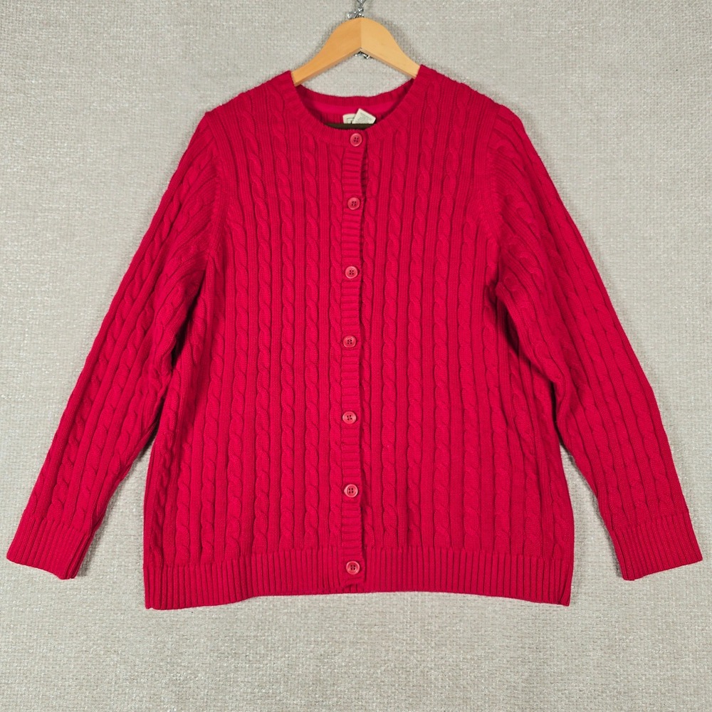 LL Bean Womens 1X Red Cable Knit Cotton Button Front Cardigan Sweater 0HNS1